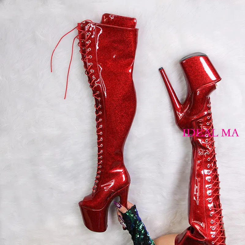 IDEAL MA 20厘米钢管舞过膝长靴舞台表演模特走秀长筒靴闪烁红色