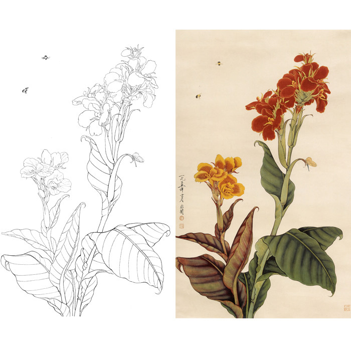 工笔画美人蕉花卉白描底稿国画花鸟植物线描临摹勾线练习打印画稿