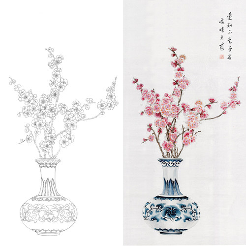 白描底稿梅花工笔画青花瓷国画
