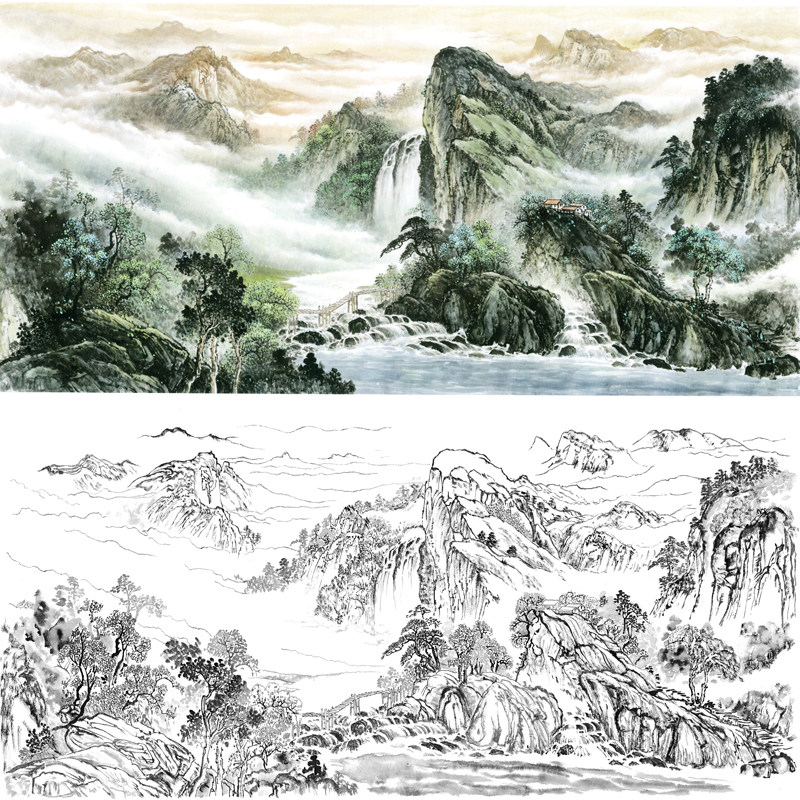 山水画白描底稿源远流长青绿山水工笔画白描线稿宣纸勾线练习打印,家居饰品,国画,淘宝优惠券,粉丝福利购,淘宝优惠卷