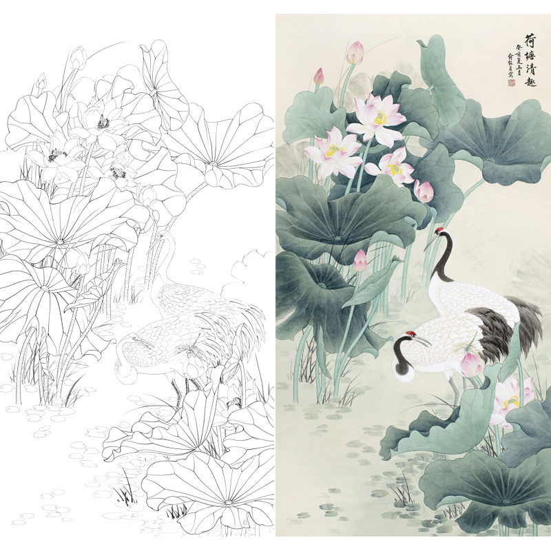 工笔画仙鹤花鸟荷花图白描底稿国画大幅竖幅高清临摹勾线练习打印