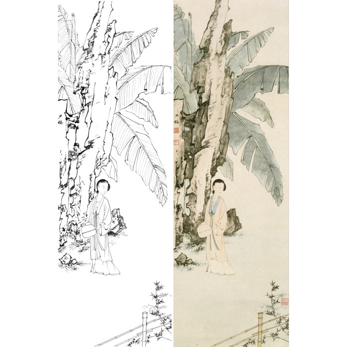 古画芭蕉仕女人物工笔画白描底稿国画传统人像临摹勾线练习打印稿