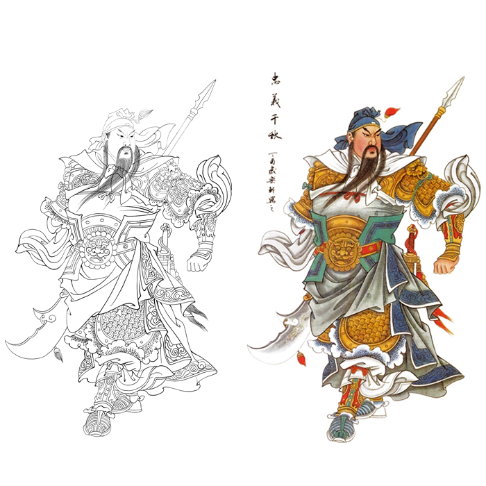 白描底稿工笔画关公线描稿