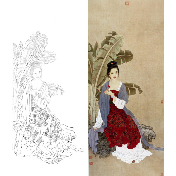 高清工笔国画人物工笔画白描底稿线描稿练习实物打印稿芭蕉仕女图