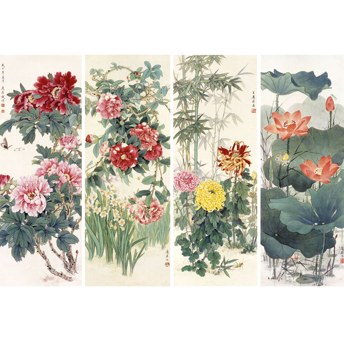 工笔画牡丹荷花四条屏白描底稿国画梅兰竹菊花临摹勾线练习打印稿