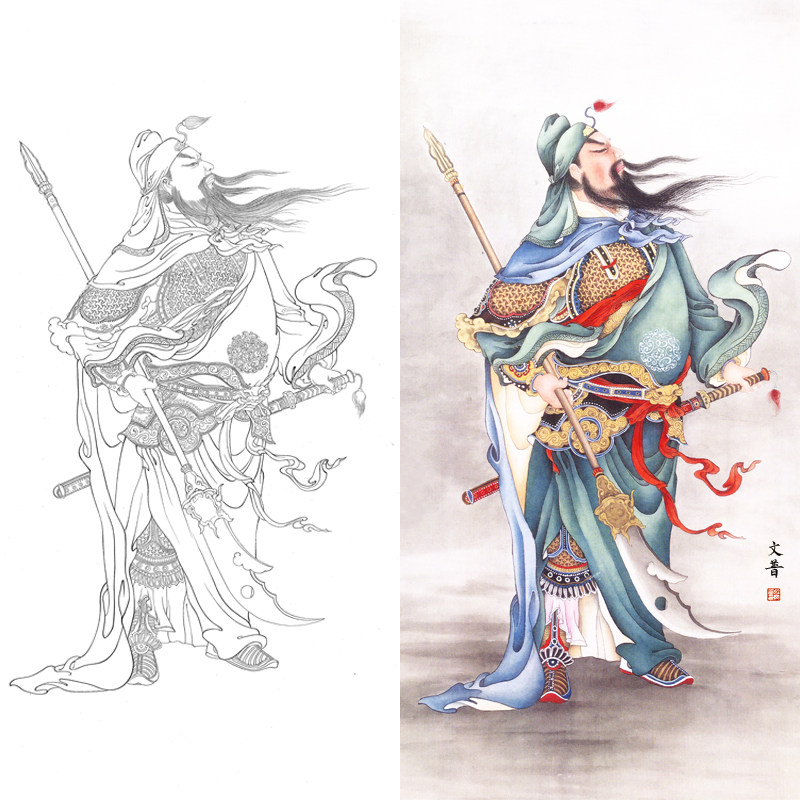 工笔关公武圣人物白描底稿大幅尺寸国画临摹勾线宣纸练习打印稿画