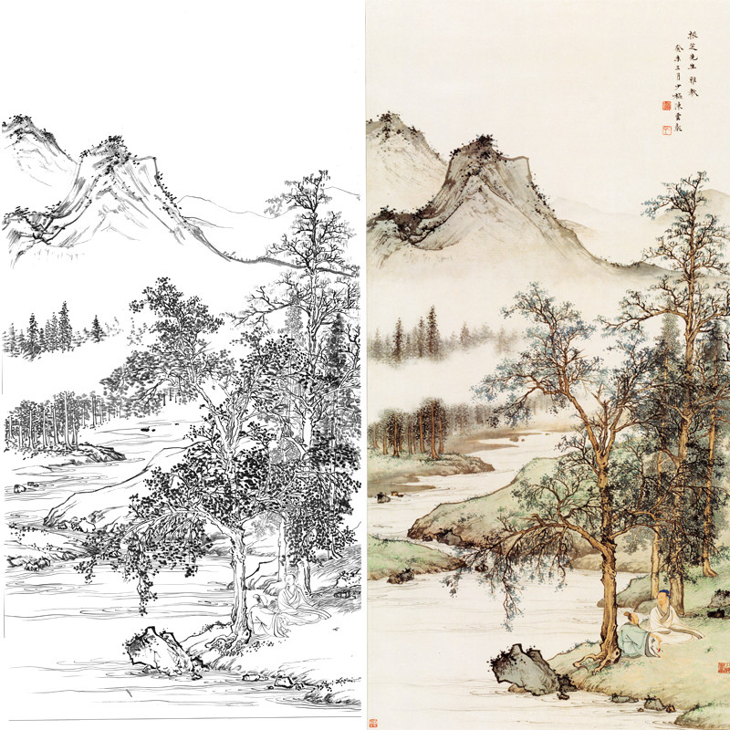 工笔画山水白描底稿图练习山水素材四尺六尺大尺寸国画山水画稿子