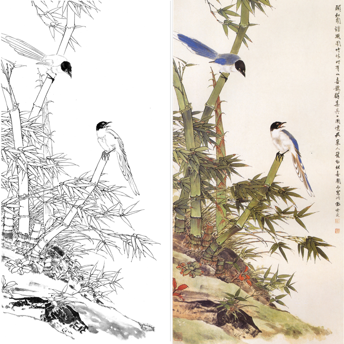 工笔画白描底稿喜鹊竹子线描可上色宣纸国画临摹勾线练习打印稿画