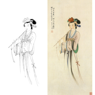 工笔画白描底稿传统仕女人物画国画侍女人物图临摹勾线练习打印稿
