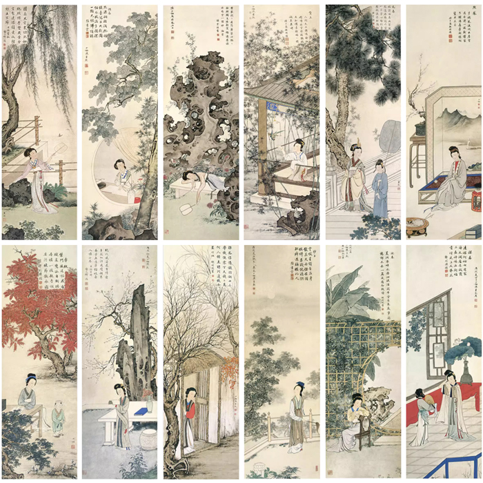 金陵十二钗白描底稿工笔画陈少梅国画传统人物临摹勾线实物打印稿