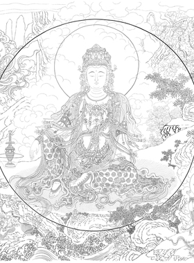 工笔壁画水月观音普贤文殊熟宣直接上色巨大幅国画艺术白描底稿子