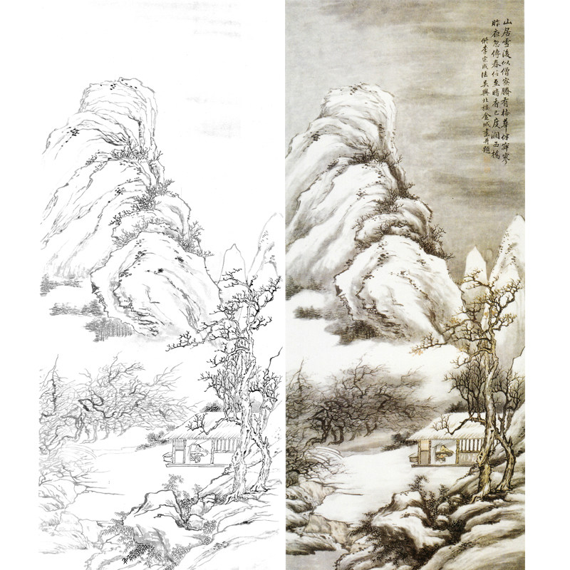 工笔画白描底稿高清竖幅雪景山水实物打印线稿临摹勾线练习打印稿