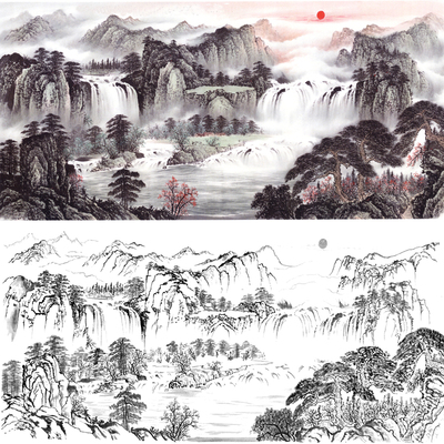 旭日东升源远流长白描底稿