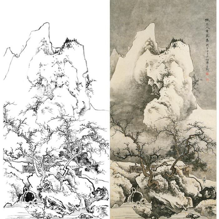 四尺六尺冬季雪景山水画白描底稿工笔画国画临摹勾线练习打印画稿