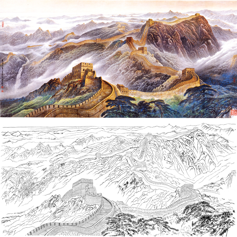 万里长城工笔画山水白描底稿靠山图国画稿风景装饰画临摹勾线画稿