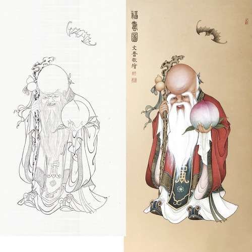寿星国画工笔画老寿星寿星白描稿