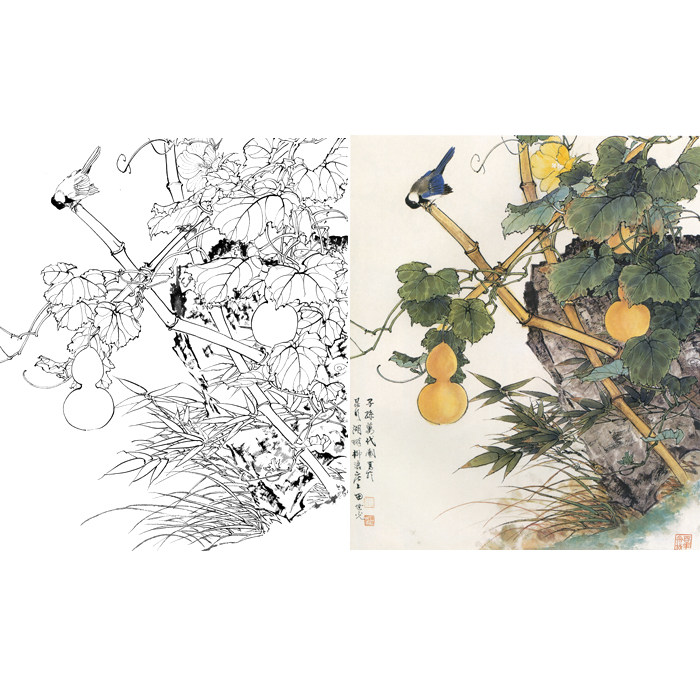 工笔画花鸟画白描底稿葫芦国画花鸟画稿子临摹勾线练习打印宣纸稿