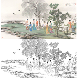 工笔画山水人物画仕女图白描底稿国画风景画临摹勾线练习打印画稿