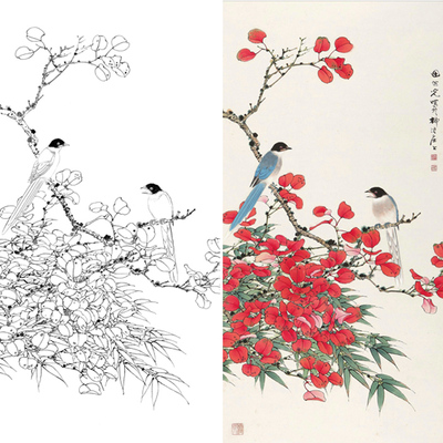 白描底稿工笔画花鸟画