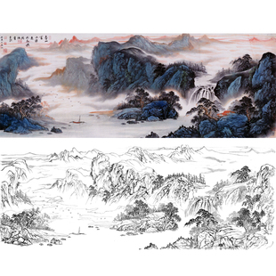 高清源远流长风景工笔画山水白描底稿大横幅用作国画创作勾线稿子