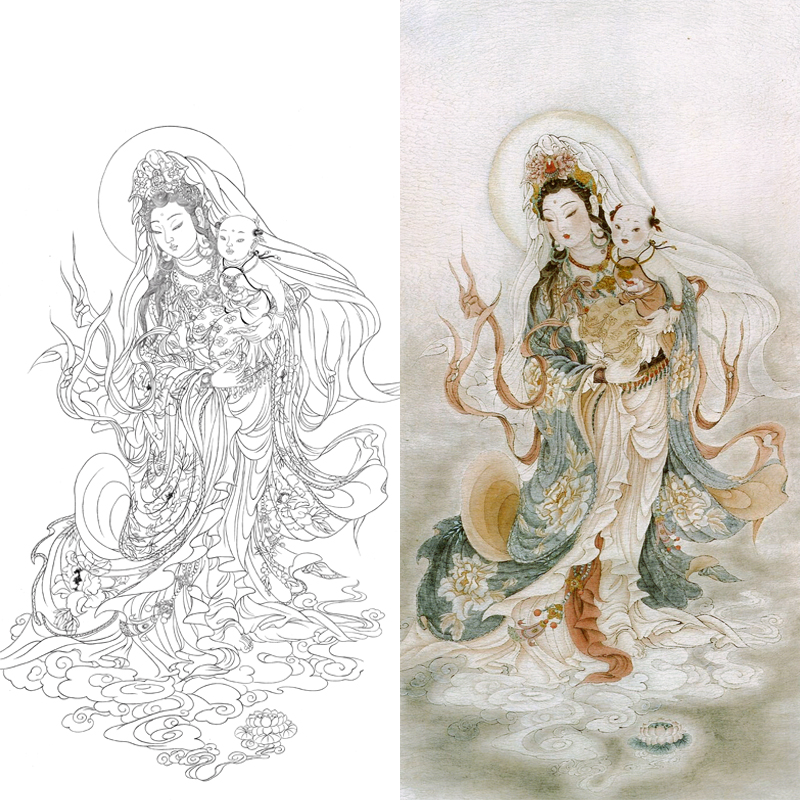 白描底稿工笔观音线描稿