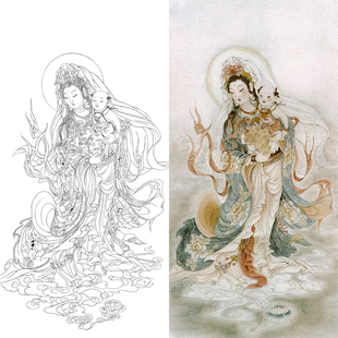 工笔画送子观音白描底稿人像国画线描图临摹勾线练习宣纸打印画稿