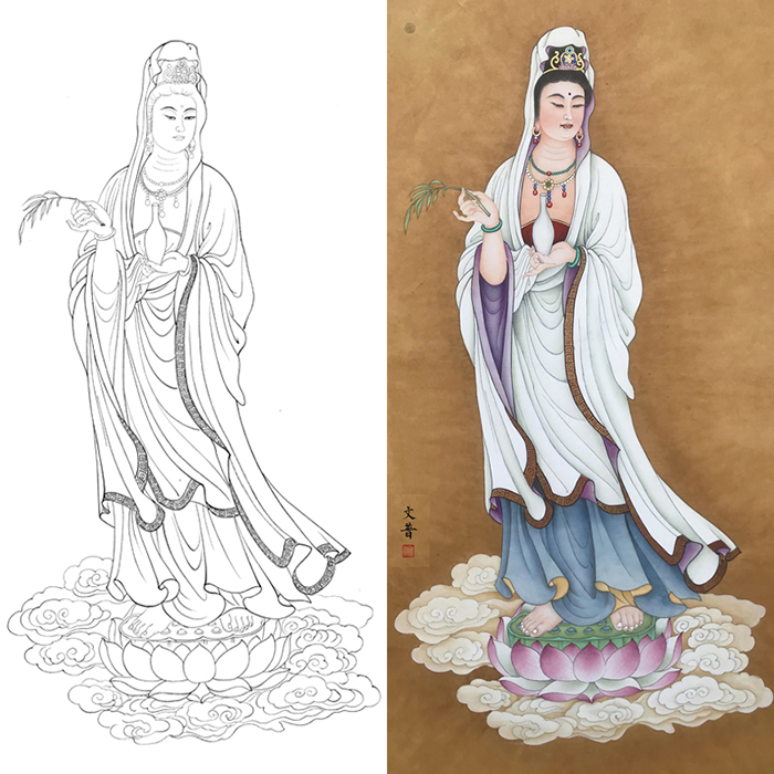 白描底稿工笔画观音线描