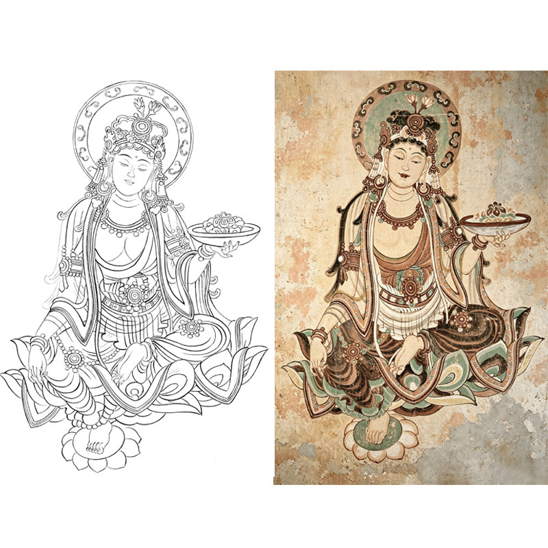 敦煌壁画工笔画普贤观音白描底稿国画人物临摹勾线练习打印画稿子