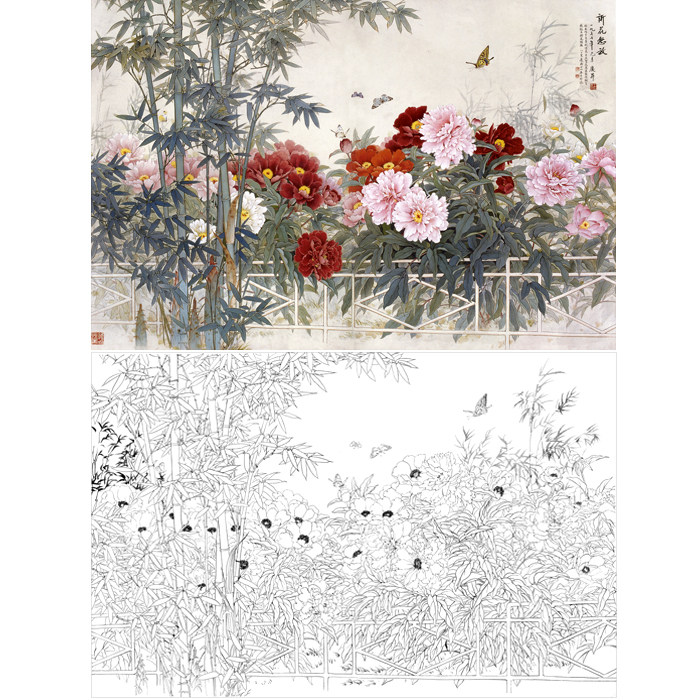 工笔画红牡丹白描底稿国画花鸟牡丹花线描稿子临摹勾线练习打印稿