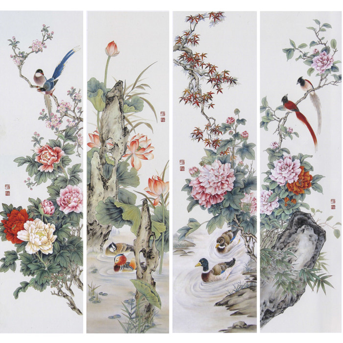 工笔画花鸟画四条屏白描底稿国画花鸟装饰画临摹勾线练习打印稿子