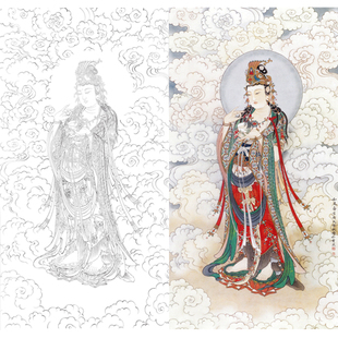 高清工笔画观音像白描底稿国画四尺六尺线描稿临摹勾线练习打印稿