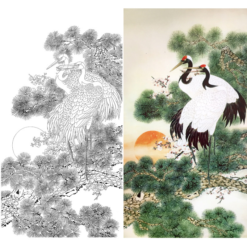 松鹤延年国画高清工笔工笔国画花鸟仙鹤松树底稿临摹透稿打印稿