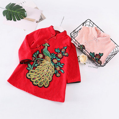 2018冬季新款女童民族风盘扣旗袍孔雀亮片蕾丝连衣裙儿童加绒裙子