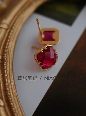 轻复古日系多切面公主方红色宝石耳钉通体925纯银刚玉耳饰 茑居