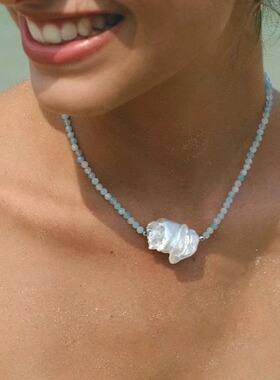 简约潮流异形巴洛克海蓝宝项链欧美叠戴锁骨链个性项链项饰