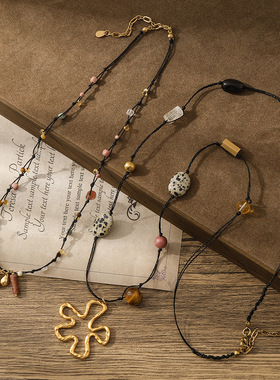 2025秋款复古手工编织绳串珠项链女小众设计民族风毛衣链叠戴