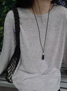 简约韩版水滴黑玛瑙吊坠长款项链女休闲百搭黑色皮绳毛衣链批发