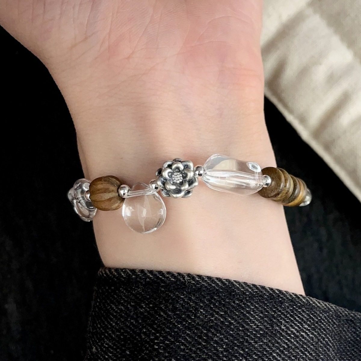 沉香木檀木奥地利人造k9白水晶银制手链小众中式美学质感十足手串