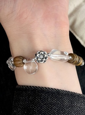 沉香木檀木奥地利人造k9白水晶银制手链小众中式美学质感十足手串