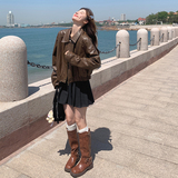 现货！24秋新款棕咖色短款皮衣外套260-3336-P135K188，女装皮衣，芭图娜