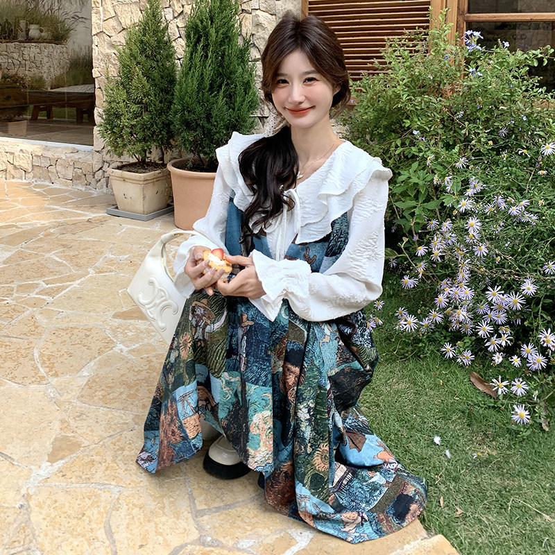 油画印花法式连衣裙女2025新款春日少女穿搭复古娃娃领假两件裙子,女装连衣裙,芭图娜
