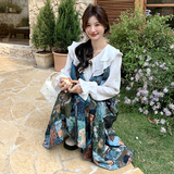 油画印花法式连衣裙女2025新款春日少女穿搭复古娃娃领假两件裙子，女装连衣裙，芭图娜
