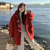 大货已出！红学院风夹棉牛角扣连帽大衣B260-3599-P185K258，女装毛呢外套，芭图娜