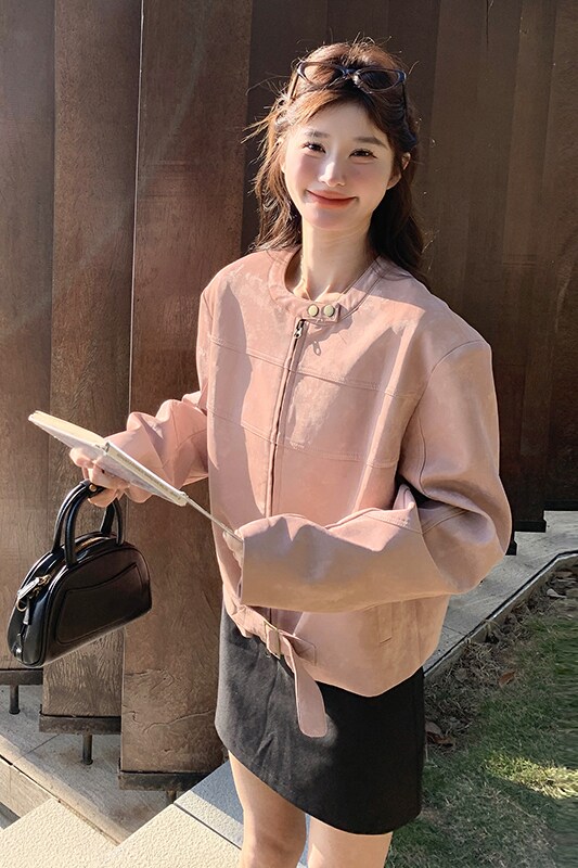 粉色皮衣外套女2025春季新款高级感炸街甜酷短款机车夹克流行爆款,女装皮衣,芭图娜
