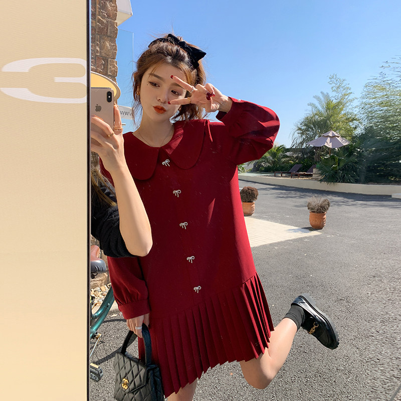 红色娃娃领连衣裙女2025春夏新款大码宽松甜美小个子百褶衬衫裙子,女装连衣裙,芭图娜