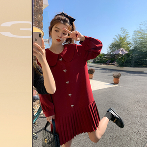 红色娃娃领连衣裙女2025春夏新款大码宽松甜美小个子百褶衬衫裙子图片
