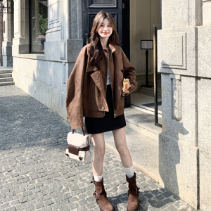 设计感咖色麂皮绒机车夹克女2025秋季新款复古时尚宽松显瘦外套潮图片
