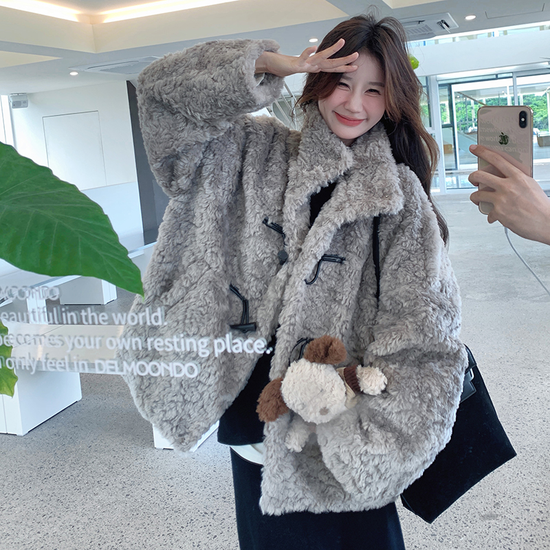 现货！奥尼灰加棉立领牛角扣保暖毛毛外套260-3577-P185K258，女装皮草，芭图娜