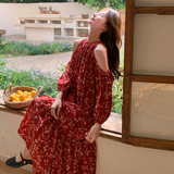 红色漂亮独特度假连衣裙女2025夏日新款露肩小心机气质茶歇碎花裙，女装连衣裙，芭图娜