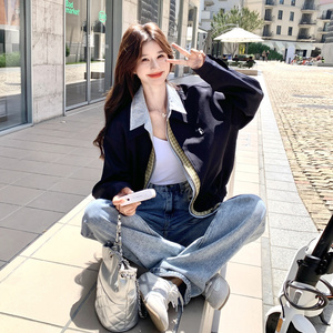 学院复古假两件拼接短外套女2025秋季新款韩版小个子宽松百搭夹克图片
